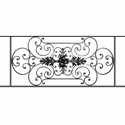 Appui de fenêtre type AF012 à sceller dans votre tableau de fenêtre. Longueur finie de 1330mm et Hauteur finie de 544mm. Convient pour les tableaux de fenêtre de 1230mm. 50mm de scellement sont prévue de chaque côté. Main courante laminée de 1230mm de long en fer forgé sur le dessus. Motif au centre de 1090mm de long par 520mm de haut. Le reste de la structure est en tube acier carré de 16mm de section.