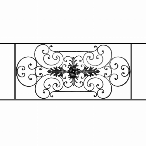 Appui de fenêtre type AF012 à sceller dans votre tableau de fenêtre. Longueur finie de 1390mm et Hauteur finie de 544mm. Convient pour les tableaux de fenêtre de 1290mm. 50mm de scellement sont prévue de chaque côté. Main courante laminée de 1290mm de long en fer forgé sur le dessus. Motif au centre de 1090mm de long par 520mm de haut. Le reste de la structure est en tube acier carré de 16mm de section.
