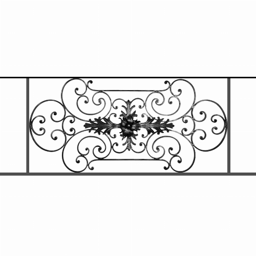 Appui de fenêtre type AF012 à sceller dans votre tableau de fenêtre. Longueur finie de 1410mm et Hauteur finie de 544mm. Convient pour les tableaux de fenêtre de 1310mm. 50mm de scellement sont prévue de chaque côté. Main courante laminée de 1310mm de long en fer forgé sur le dessus. Motif au centre de 1090mm de long par 520mm de haut. Le reste de la structure est en tube acier carré de 16mm de section.