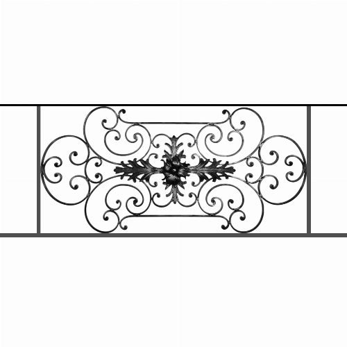 Appui de fenêtre type AF012 à sceller dans votre tableau de fenêtre. Longueur finie de 1420mm et Hauteur finie de 544mm. Convient pour les tableaux de fenêtre de 1320mm. 50mm de scellement sont prévue de chaque côté. Main courante laminée de 1320mm de long en fer forgé sur le dessus. Motif au centre de 1090mm de long par 520mm de haut. Le reste de la structure est en tube acier carré de 16mm de section.