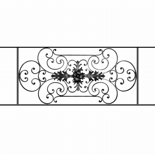 Appui de fenêtre type AF012 à sceller dans votre tableau de fenêtre. Longueur finie de 1430mm et Hauteur finie de 544mm. Convient pour les tableaux de fenêtre de 1330mm. 50mm de scellement sont prévue de chaque côté. Main courante laminée de 1330mm de long en fer forgé sur le dessus. Motif au centre de 1090mm de long par 520mm de haut. Le reste de la structure est en tube acier carré de 16mm de section.
