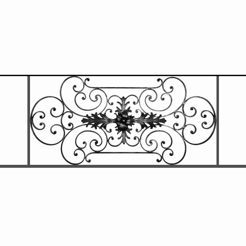 Appui de fenêtre type AF012 à sceller dans votre tableau de fenêtre. Longueur finie de 1440mm et Hauteur finie de 544mm. Convient pour les tableaux de fenêtre de 1340mm. 50mm de scellement sont prévue de chaque côté. Main courante laminée de 1340mm de long en fer forgé sur le dessus. Motif au centre de 1090mm de long par 520mm de haut. Le reste de la structure est en tube acier carré de 16mm de section.