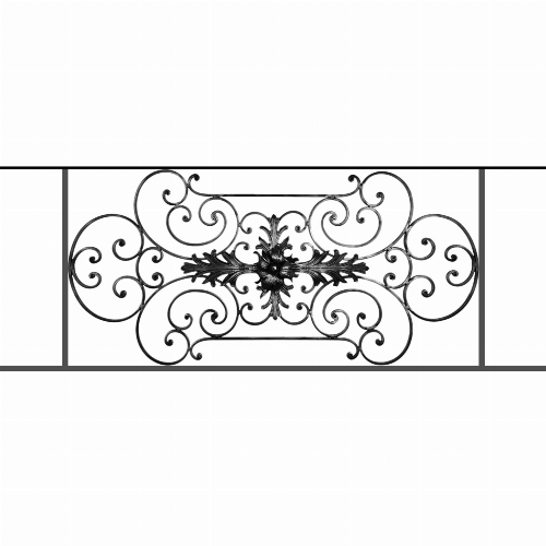 Appui de fenêtre type AF012 à sceller dans votre tableau de fenêtre. Longueur finie de 1450mm et Hauteur finie de 544mm. Convient pour les tableaux de fenêtre de 1350mm. 50mm de scellement sont prévue de chaque côté. Main courante laminée de 1350mm de long en fer forgé sur le dessus. Motif au centre de 1090mm de long par 520mm de haut. Le reste de la structure est en tube acier carré de 16mm de section.