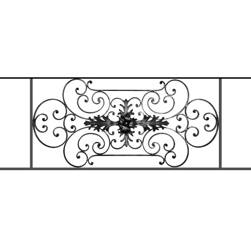 Appui de fenêtre type AF012 à sceller dans votre tableau de fenêtre. Longueur finie de 1470mm et Hauteur finie de 544mm. Convient pour les tableaux de fenêtre de 1370mm. 50mm de scellement sont prévue de chaque côté. Main courante laminée de 1370mm de long en fer forgé sur le dessus. Motif au centre de 1090mm de long par 520mm de haut. Le reste de la structure est en tube acier carré de 16mm de section.