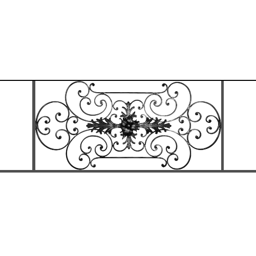 Appui de fenêtre type AF012 à sceller dans votre tableau de fenêtre. Longueur finie de 1500mm et Hauteur finie de 544mm. Convient pour les tableaux de fenêtre de 1400mm. 50mm de scellement sont prévue de chaque côté. Main courante laminée de 1400mm de long en fer forgé sur le dessus. Motif au centre de 1090mm de long par 520mm de haut. Le reste de la structure est en tube acier carré de 16mm de section.