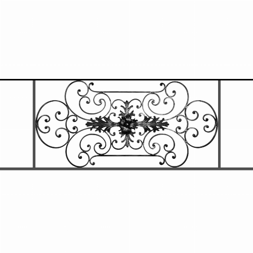 Appui de fenêtre type AF012 à sceller dans votre tableau de fenêtre. Longueur finie de 1510mm et Hauteur finie de 544mm. Convient pour les tableaux de fenêtre de 1410mm. 50mm de scellement sont prévue de chaque côté. Main courante laminée de 1410mm de long en fer forgé sur le dessus. Motif au centre de 1090mm de long par 520mm de haut. Le reste de la structure est en tube acier carré de 16mm de section.