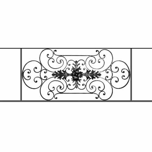Appui de fenêtre type AF012 à sceller dans votre tableau de fenêtre. Longueur finie de 1530mm et Hauteur finie de 544mm. Convient pour les tableaux de fenêtre de 1430mm. 50mm de scellement sont prévue de chaque côté. Main courante laminée de 1430mm de long en fer forgé sur le dessus. Motif au centre de 1090mm de long par 520mm de haut. Le reste de la structure est en tube acier carré de 16mm de section.