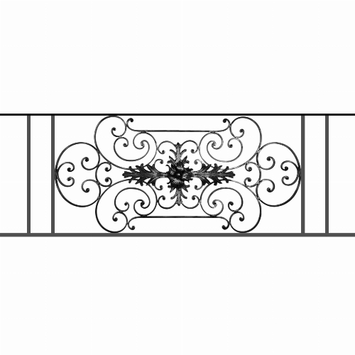 Appui de fenêtre type AF012 à sceller dans votre tableau de fenêtre. Longueur finie de 1570mm et Hauteur finie de 544mm. Convient pour les tableaux de fenêtre de 1470mm. 50mm de scellement sont prévue de chaque côté. Main courante laminée de 1470mm de long en fer forgé sur le dessus. Motif au centre de 1090mm de long par 520mm de haut. Le reste de la structure est en tube acier carré de 16mm de section.