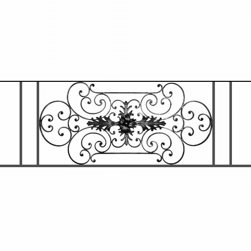 Appui de fenêtre type AF012 à sceller dans votre tableau de fenêtre. Longueur finie de 1580mm et Hauteur finie de 544mm. Convient pour les tableaux de fenêtre de 1480mm. 50mm de scellement sont prévue de chaque côté. Main courante laminée de 1480mm de long en fer forgé sur le dessus. Motif au centre de 1090mm de long par 520mm de haut. Le reste de la structure est en tube acier carré de 16mm de section.