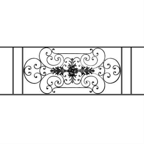 Appui de fenêtre type AF012 à sceller dans votre tableau de fenêtre. Longueur finie de 1610mm et Hauteur finie de 544mm. Convient pour les tableaux de fenêtre de 1510mm. 50mm de scellement sont prévue de chaque côté. Main courante laminée de 1510mm de long en fer forgé sur le dessus. Motif au centre de 1090mm de long par 520mm de haut. Le reste de la structure est en tube acier carré de 16mm de section.