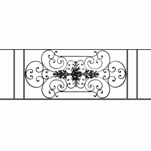 Appui de fenêtre type AF012 à sceller dans votre tableau de fenêtre. Longueur finie de 1620mm et Hauteur finie de 544mm. Convient pour les tableaux de fenêtre de 1520mm. 50mm de scellement sont prévue de chaque côté. Main courante laminée de 1520mm de long en fer forgé sur le dessus. Motif au centre de 1090mm de long par 520mm de haut. Le reste de la structure est en tube acier carré de 16mm de section.