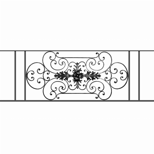 Appui de fenêtre type AF012 à sceller dans votre tableau de fenêtre. Longueur finie de 1640mm et Hauteur finie de 544mm. Convient pour les tableaux de fenêtre de 1540mm. 50mm de scellement sont prévue de chaque côté. Main courante laminée de 1540mm de long en fer forgé sur le dessus. Motif au centre de 1090mm de long par 520mm de haut. Le reste de la structure est en tube acier carré de 16mm de section.