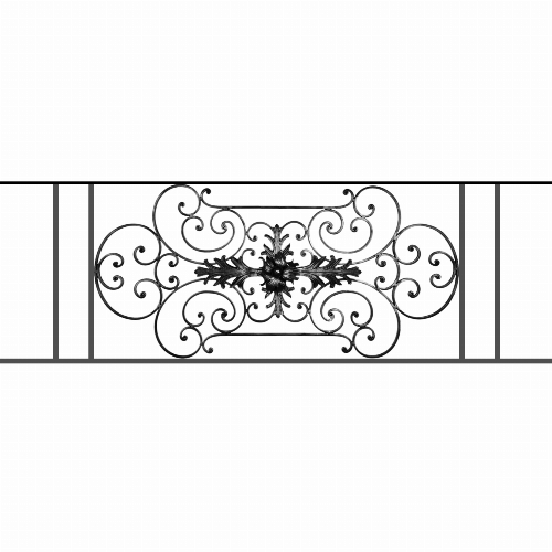 Appui de fenêtre type AF012 à sceller dans votre tableau de fenêtre. Longueur finie de 1650mm et Hauteur finie de 544mm. Convient pour les tableaux de fenêtre de 1550mm. 50mm de scellement sont prévue de chaque côté. Main courante laminée de 1550mm de long en fer forgé sur le dessus. Motif au centre de 1090mm de long par 520mm de haut. Le reste de la structure est en tube acier carré de 16mm de section.