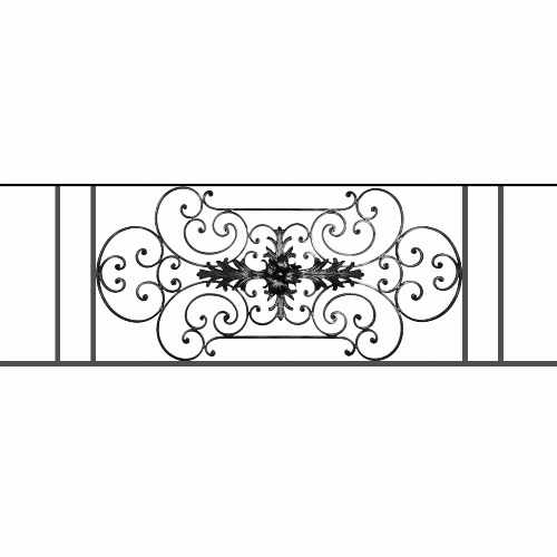 Appui de fenêtre type AF012 à sceller dans votre tableau de fenêtre. Longueur finie de 1660mm et Hauteur finie de 544mm. Convient pour les tableaux de fenêtre de 1560mm. 50mm de scellement sont prévue de chaque côté. Main courante laminée de 1560mm de long en fer forgé sur le dessus. Motif au centre de 1090mm de long par 520mm de haut. Le reste de la structure est en tube acier carré de 16mm de section.