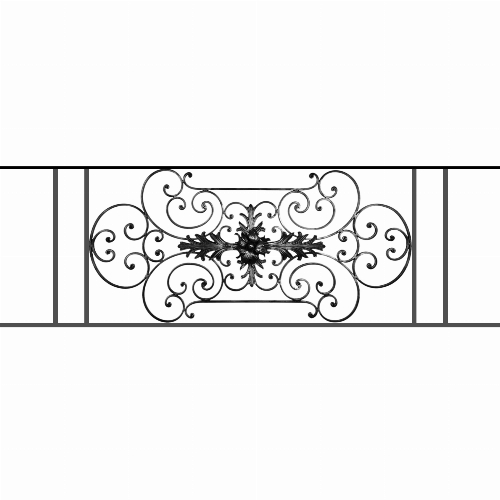 Appui de fenêtre type AF012 à sceller dans votre tableau de fenêtre. Longueur finie de 1690mm et Hauteur finie de 544mm. Convient pour les tableaux de fenêtre de 1590mm. 50mm de scellement sont prévue de chaque côté. Main courante laminée de 1590mm de long en fer forgé sur le dessus. Motif au centre de 1090mm de long par 520mm de haut. Le reste de la structure est en tube acier carré de 16mm de section.