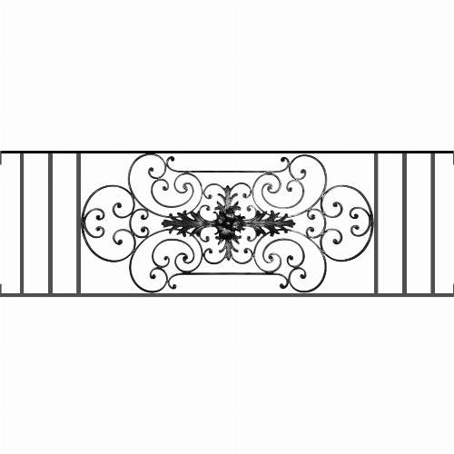 Appui de fenêtre type AF012 à visser dans votre tableau de fenêtre. Longueur finie de 1690mm et Hauteur finie de 544mm. Convient pour les tableaux de fenêtre de 1690mm. Main courante laminée de 1690mm de long en fer forgé sur le dessus. Motif au centre de 1090mm de long par 520mm de haut. Le reste de la structure est en tube acier carré de 16mm de section.