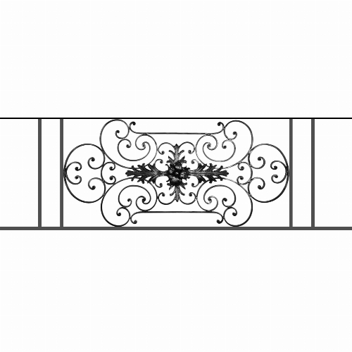 Appui de fenêtre type AF012 à sceller dans votre tableau de fenêtre. Longueur finie de 1700mm et Hauteur finie de 544mm. Convient pour les tableaux de fenêtre de 1600mm. 50mm de scellement sont prévue de chaque côté. Main courante laminée de 1600mm de long en fer forgé sur le dessus. Motif au centre de 1090mm de long par 520mm de haut. Le reste de la structure est en tube acier carré de 16mm de section.