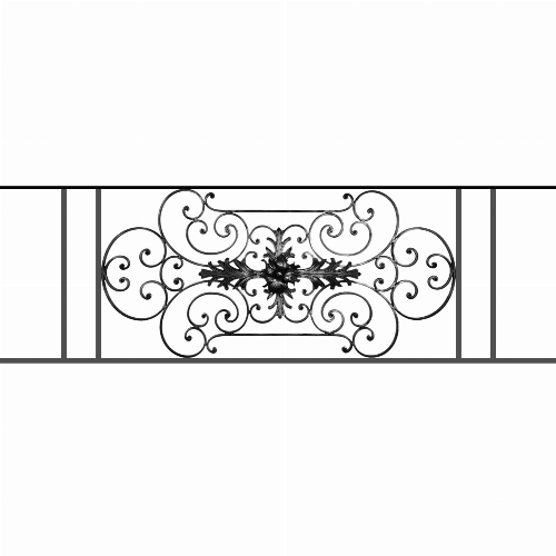 Appui de fenêtre type AF012 à sceller dans votre tableau de fenêtre. Longueur finie de 1710mm et Hauteur finie de 544mm. Convient pour les tableaux de fenêtre de 1610mm. 50mm de scellement sont prévue de chaque côté. Main courante laminée de 1610mm de long en fer forgé sur le dessus. Motif au centre de 1090mm de long par 520mm de haut. Le reste de la structure est en tube acier carré de 16mm de section.