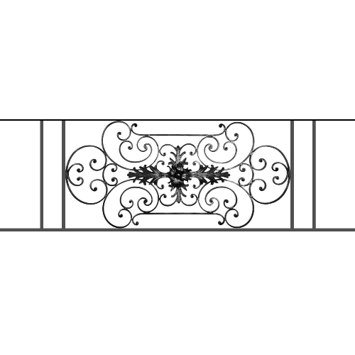 Appui de fenêtre type AF012 à sceller dans votre tableau de fenêtre. Longueur finie de 1720mm et Hauteur finie de 544mm. Convient pour les tableaux de fenêtre de 1620mm. 50mm de scellement sont prévue de chaque côté. Main courante laminée de 1620mm de long en fer forgé sur le dessus. Motif au centre de 1090mm de long par 520mm de haut. Le reste de la structure est en tube acier carré de 16mm de section.