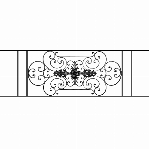 Appui de fenêtre type AF012 à sceller dans votre tableau de fenêtre. Longueur finie de 1730mm et Hauteur finie de 544mm. Convient pour les tableaux de fenêtre de 1630mm. 50mm de scellement sont prévue de chaque côté. Main courante laminée de 1630mm de long en fer forgé sur le dessus. Motif au centre de 1090mm de long par 520mm de haut. Le reste de la structure est en tube acier carré de 16mm de section.