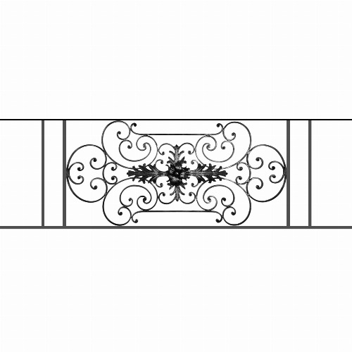 Appui de fenêtre type AF012 à sceller dans votre tableau de fenêtre. Longueur finie de 1740mm et Hauteur finie de 544mm. Convient pour les tableaux de fenêtre de 1640mm. 50mm de scellement sont prévue de chaque côté. Main courante laminée de 1640mm de long en fer forgé sur le dessus. Motif au centre de 1090mm de long par 520mm de haut. Le reste de la structure est en tube acier carré de 16mm de section.