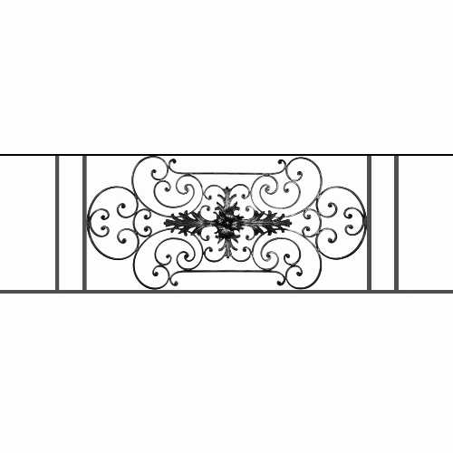 Appui de fenêtre type AF012 à sceller dans votre tableau de fenêtre. Longueur finie de 1760mm et Hauteur finie de 544mm. Convient pour les tableaux de fenêtre de 1660mm. 50mm de scellement sont prévue de chaque côté. Main courante laminée de 1660mm de long en fer forgé sur le dessus. Motif au centre de 1090mm de long par 520mm de haut. Le reste de la structure est en tube acier carré de 16mm de section.