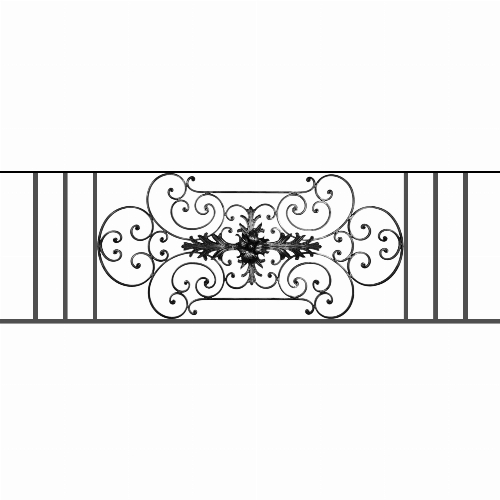 Appui de fenêtre type AF012 à sceller dans votre tableau de fenêtre. Longueur finie de 1780mm et Hauteur finie de 544mm. Convient pour les tableaux de fenêtre de 1680mm. 50mm de scellement sont prévue de chaque côté. Main courante laminée de 1680mm de long en fer forgé sur le dessus. Motif au centre de 1090mm de long par 520mm de haut. Le reste de la structure est en tube acier carré de 16mm de section.