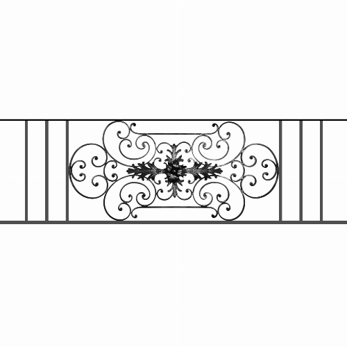 Appui de fenêtre type AF012 à sceller dans votre tableau de fenêtre. Longueur finie de 1800mm et Hauteur finie de 544mm. Convient pour les tableaux de fenêtre de 1700mm. 50mm de scellement sont prévue de chaque côté. Main courante laminée de 1700mm de long en fer forgé sur le dessus. Motif au centre de 1090mm de long par 520mm de haut. Le reste de la structure est en tube acier carré de 16mm de section.