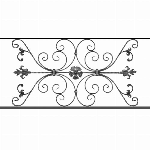 Appui de fenêtre type AF013 à sceller dans votre tableau de fenêtre. Longueur finie de 1200mm et Hauteur finie de 568mm. Convient pour les tableaux de fenêtre de 1100mm. 50mm de scellement sont prévue de chaque côté. Main courante laminée de 1100mm de long en fer forgé sur le dessus. Motif au centre de 1010mm de long par 540mm de haut. Le reste de la structure est en tube acier carré de 20mm de section.
