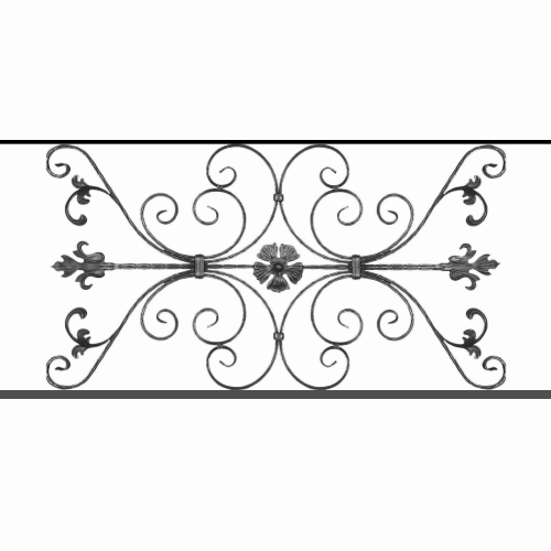 Appui de fenêtre type AF013 à sceller dans votre tableau de fenêtre. Longueur finie de 1210mm et Hauteur finie de 568mm. Convient pour les tableaux de fenêtre de 1110mm. 50mm de scellement sont prévue de chaque côté. Main courante laminée de 1110mm de long en fer forgé sur le dessus. Motif au centre de 1010mm de long par 540mm de haut. Le reste de la structure est en tube acier carré de 20mm de section.
