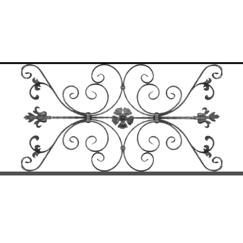 Appui de fenêtre type AF013 à sceller dans votre tableau de fenêtre. Longueur finie de 1220mm et Hauteur finie de 568mm. Convient pour les tableaux de fenêtre de 1120mm. 50mm de scellement sont prévue de chaque côté. Main courante laminée de 1120mm de long en fer forgé sur le dessus. Motif au centre de 1010mm de long par 540mm de haut. Le reste de la structure est en tube acier carré de 20mm de section.