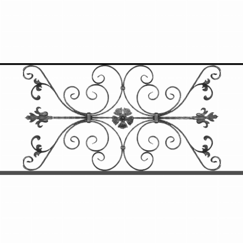 Appui de fenêtre type AF013 à sceller dans votre tableau de fenêtre. Longueur finie de 1240mm et Hauteur finie de 568mm. Convient pour les tableaux de fenêtre de 1140mm. 50mm de scellement sont prévue de chaque côté. Main courante laminée de 1140mm de long en fer forgé sur le dessus. Motif au centre de 1010mm de long par 540mm de haut. Le reste de la structure est en tube acier carré de 20mm de section.