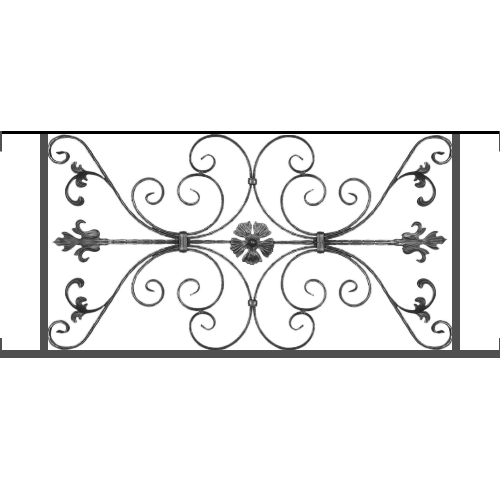 Appui de fenêtre type AF013 à visser dans votre tableau de fenêtre. Longueur finie de 1250mm et Hauteur finie de 568mm. Convient pour les tableaux de fenêtre de 1250mm. Main courante laminée de 1250mm de long en fer forgé sur le dessus. Motif au centre de 1010mm de long par 540mm de haut. Le reste de la structure est en tube acier carré de 20mm de section.
