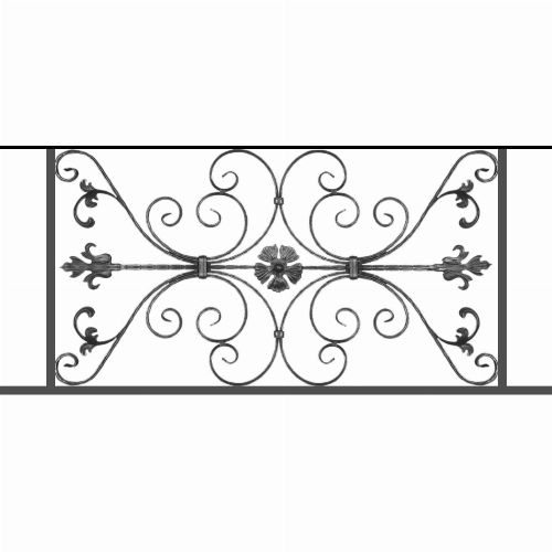 Appui de fenêtre type AF013 à sceller dans votre tableau de fenêtre. Longueur finie de 1260mm et Hauteur finie de 568mm. Convient pour les tableaux de fenêtre de 1160mm. 50mm de scellement sont prévue de chaque côté. Main courante laminée de 1160mm de long en fer forgé sur le dessus. Motif au centre de 1010mm de long par 540mm de haut. Le reste de la structure est en tube acier carré de 20mm de section.