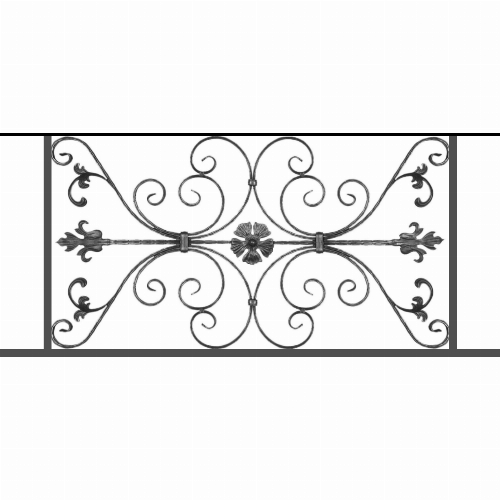 Appui de fenêtre type AF013 à sceller dans votre tableau de fenêtre. Longueur finie de 1270mm et Hauteur finie de 568mm. Convient pour les tableaux de fenêtre de 1170mm. 50mm de scellement sont prévue de chaque côté. Main courante laminée de 1170mm de long en fer forgé sur le dessus. Motif au centre de 1010mm de long par 540mm de haut. Le reste de la structure est en tube acier carré de 20mm de section.