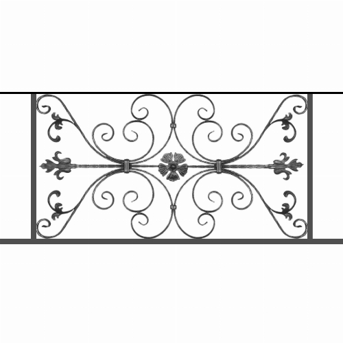 Appui de fenêtre type AF013 à sceller dans votre tableau de fenêtre. Longueur finie de 1280mm et Hauteur finie de 568mm. Convient pour les tableaux de fenêtre de 1180mm. 50mm de scellement sont prévue de chaque côté. Main courante laminée de 1180mm de long en fer forgé sur le dessus. Motif au centre de 1010mm de long par 540mm de haut. Le reste de la structure est en tube acier carré de 20mm de section.