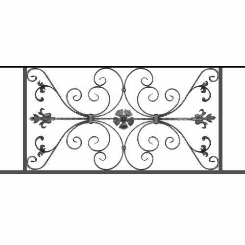 Appui de fenêtre type AF013 à sceller dans votre tableau de fenêtre. Longueur finie de 1290mm et Hauteur finie de 568mm. Convient pour les tableaux de fenêtre de 1190mm. 50mm de scellement sont prévue de chaque côté. Main courante laminée de 1190mm de long en fer forgé sur le dessus. Motif au centre de 1010mm de long par 540mm de haut. Le reste de la structure est en tube acier carré de 20mm de section.