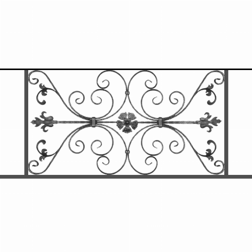 Appui de fenêtre type AF013 à sceller dans votre tableau de fenêtre. Longueur finie de 1300mm et Hauteur finie de 568mm. Convient pour les tableaux de fenêtre de 1200mm. 50mm de scellement sont prévue de chaque côté. Main courante laminée de 1200mm de long en fer forgé sur le dessus. Motif au centre de 1010mm de long par 540mm de haut. Le reste de la structure est en tube acier carré de 20mm de section.