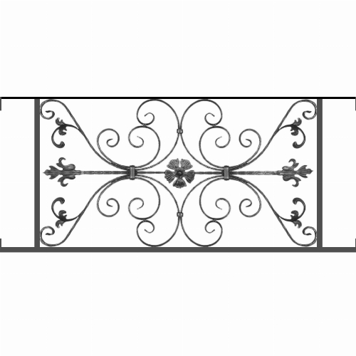 Appui de fenêtre type AF013 à visser dans votre tableau de fenêtre. Longueur finie de 1300mm et Hauteur finie de 568mm. Convient pour les tableaux de fenêtre de 1300mm. Main courante laminée de 1300mm de long en fer forgé sur le dessus. Motif au centre de 1010mm de long par 540mm de haut. Le reste de la structure est en tube acier carré de 20mm de section.
