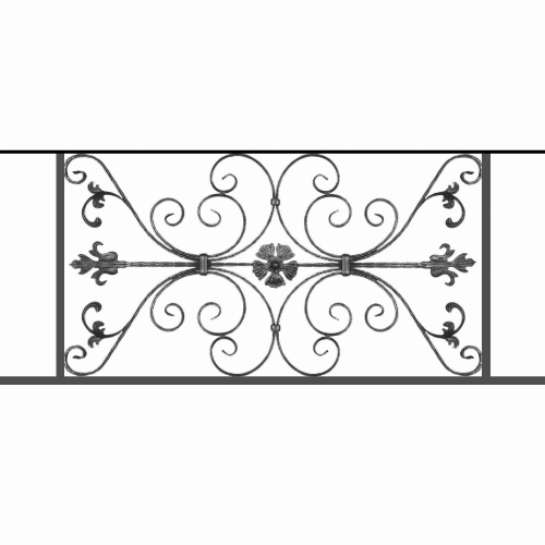 Appui de fenêtre type AF013 à sceller dans votre tableau de fenêtre. Longueur finie de 1320mm et Hauteur finie de 568mm. Convient pour les tableaux de fenêtre de 1220mm. 50mm de scellement sont prévue de chaque côté. Main courante laminée de 1220mm de long en fer forgé sur le dessus. Motif au centre de 1010mm de long par 540mm de haut. Le reste de la structure est en tube acier carré de 20mm de section.