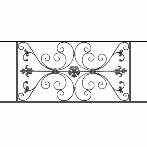 Appui de fenêtre type AF013 à sceller dans votre tableau de fenêtre. Longueur finie de 1340mm et Hauteur finie de 568mm. Convient pour les tableaux de fenêtre de 1240mm. 50mm de scellement sont prévue de chaque côté. Main courante laminée de 1240mm de long en fer forgé sur le dessus. Motif au centre de 1010mm de long par 540mm de haut. Le reste de la structure est en tube acier carré de 20mm de section.