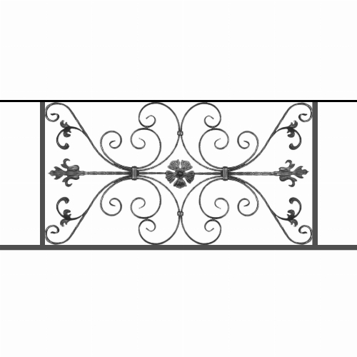 Appui de fenêtre type AF013 à sceller dans votre tableau de fenêtre. Longueur finie de 1350mm et Hauteur finie de 568mm. Convient pour les tableaux de fenêtre de 1250mm. 50mm de scellement sont prévue de chaque côté. Main courante laminée de 1250mm de long en fer forgé sur le dessus. Motif au centre de 1010mm de long par 540mm de haut. Le reste de la structure est en tube acier carré de 20mm de section.