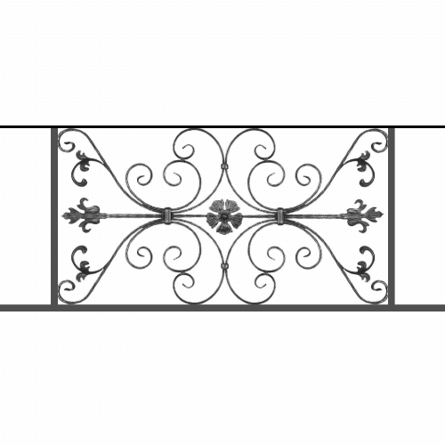 Appui de fenêtre type AF013 à sceller dans votre tableau de fenêtre. Longueur finie de 1360mm et Hauteur finie de 568mm. Convient pour les tableaux de fenêtre de 1260mm. 50mm de scellement sont prévue de chaque côté. Main courante laminée de 1260mm de long en fer forgé sur le dessus. Motif au centre de 1010mm de long par 540mm de haut. Le reste de la structure est en tube acier carré de 20mm de section.