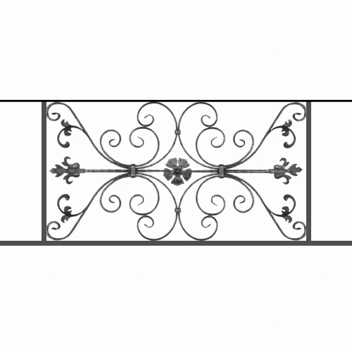 Appui de fenêtre type AF013 à sceller dans votre tableau de fenêtre. Longueur finie de 1370mm et Hauteur finie de 568mm. Convient pour les tableaux de fenêtre de 1270mm. 50mm de scellement sont prévue de chaque côté. Main courante laminée de 1270mm de long en fer forgé sur le dessus. Motif au centre de 1010mm de long par 540mm de haut. Le reste de la structure est en tube acier carré de 20mm de section.
