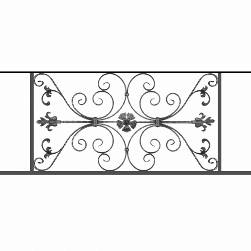 Appui de fenêtre type AF013 à sceller dans votre tableau de fenêtre. Longueur finie de 1380mm et Hauteur finie de 568mm. Convient pour les tableaux de fenêtre de 1280mm. 50mm de scellement sont prévue de chaque côté. Main courante laminée de 1280mm de long en fer forgé sur le dessus. Motif au centre de 1010mm de long par 540mm de haut. Le reste de la structure est en tube acier carré de 20mm de section.