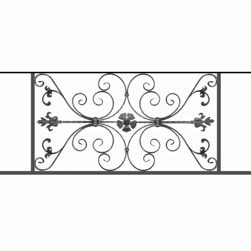 Appui de fenêtre type AF013 à sceller dans votre tableau de fenêtre. Longueur finie de 1390mm et Hauteur finie de 568mm. Convient pour les tableaux de fenêtre de 1290mm. 50mm de scellement sont prévue de chaque côté. Main courante laminée de 1290mm de long en fer forgé sur le dessus. Motif au centre de 1010mm de long par 540mm de haut. Le reste de la structure est en tube acier carré de 20mm de section.