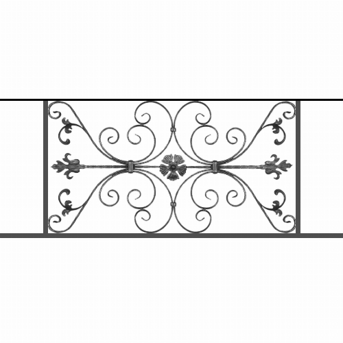 Appui de fenêtre type AF013 à sceller dans votre tableau de fenêtre. Longueur finie de 1400mm et Hauteur finie de 568mm. Convient pour les tableaux de fenêtre de 1300mm. 50mm de scellement sont prévue de chaque côté. Main courante laminée de 1300mm de long en fer forgé sur le dessus. Motif au centre de 1010mm de long par 540mm de haut. Le reste de la structure est en tube acier carré de 20mm de section.