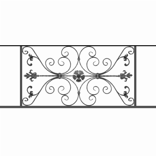 Appui de fenêtre type AF013 à sceller dans votre tableau de fenêtre. Longueur finie de 1410mm et Hauteur finie de 568mm. Convient pour les tableaux de fenêtre de 1310mm. 50mm de scellement sont prévue de chaque côté. Main courante laminée de 1310mm de long en fer forgé sur le dessus. Motif au centre de 1010mm de long par 540mm de haut. Le reste de la structure est en tube acier carré de 20mm de section.
