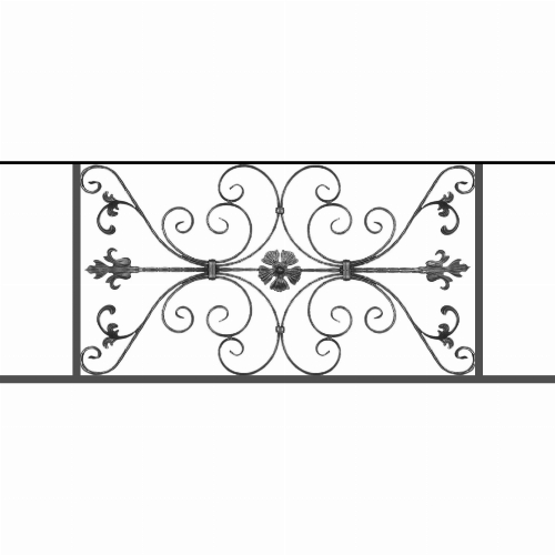 Appui de fenêtre type AF013 à sceller dans votre tableau de fenêtre. Longueur finie de 1420mm et Hauteur finie de 568mm. Convient pour les tableaux de fenêtre de 1320mm. 50mm de scellement sont prévue de chaque côté. Main courante laminée de 1320mm de long en fer forgé sur le dessus. Motif au centre de 1010mm de long par 540mm de haut. Le reste de la structure est en tube acier carré de 20mm de section.
