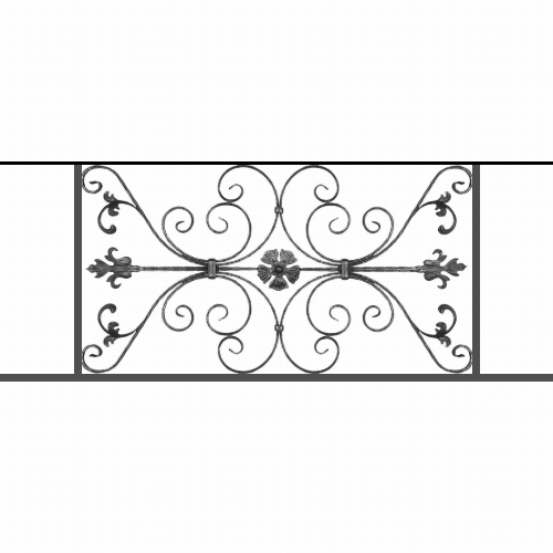 Appui de fenêtre type AF013 à sceller dans votre tableau de fenêtre. Longueur finie de 1430mm et Hauteur finie de 568mm. Convient pour les tableaux de fenêtre de 1330mm. 50mm de scellement sont prévue de chaque côté. Main courante laminée de 1330mm de long en fer forgé sur le dessus. Motif au centre de 1010mm de long par 540mm de haut. Le reste de la structure est en tube acier carré de 20mm de section.